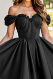 Black A Line Ruched Short Graduation Dress with Appliques