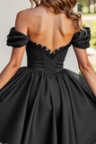 Black A Line Ruched Short Graduation Dress with Appliques