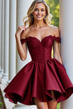 Burgundy Satin A Line Short Graduation Dress with Appliques