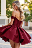 Burgundy Satin A Line Short Graduation Dress with Appliques