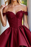 Burgundy Satin A Line Short Graduation Dress with Appliques