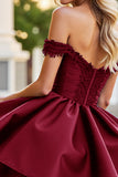Burgundy Satin A Line Short Graduation Dress with Appliques