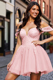 Blush Corset Tulle Short Graduation Dress with Appliques