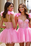 Sparkly Pink Sequin Corset Short Graduation Dress with Bows