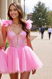 Sparkly Pink Sequin Corset Short Graduation Dress with Bows