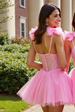 Sparkly Pink Sequin Corset Short Graduation Dress with Bows