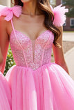 Sparkly Pink Sequin Corset Short Graduation Dress with Bows