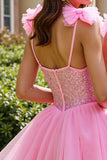 Sparkly Pink Sequin Corset Short Graduation Dress with Bows