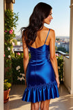 Royal Blue Satin Ruched Bodycon Short Graduation Dress