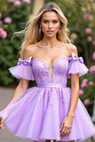 Lavender Tulle Ruffled Short Sleeves Corset Short Graduation Dress with Appliques