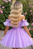 Lavender Tulle Ruffled Short Sleeves Corset Short Graduation Dress with Appliques