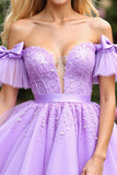 Lavender Tulle Ruffled Short Sleeves Corset Short Graduation Dress with Appliques