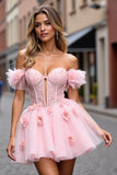 Floral Corset Blush Tulle Short Graduation Dress with Appliques