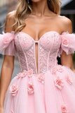 Floral Corset Blush Tulle Short Graduation Dress with Appliques