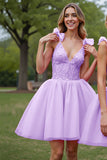 Deep V-Neck Corset Lilac Tulle Short Graduation Dress with Appliques