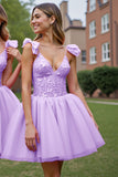 Deep V-Neck Corset Lilac Tulle Short Graduation Dress with Appliques