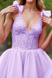 Deep V-Neck Corset Lilac Tulle Short Graduation Dress with Appliques