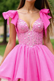 Sparkly Pink Corset Ruffled Short Graduation Dress with Sequins