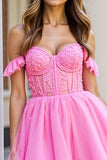 Ruffled Pink Corset Short Tulle Graduation Dress with Appliques