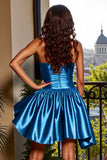 Satin Strapless A Line Blue Short Graduation Dress