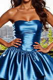 Satin Strapless A Line Blue Short Graduation Dress