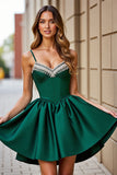 A Line Corset Dark Green Satin Short Graduation Dress