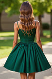 A Line Corset Dark Green Satin Short Graduation Dress