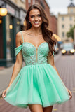 A Line Tulle Mint Green Cold Shoulder Short Graduation Dress