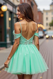 A Line Tulle Mint Green Cold Shoulder Short Graduation Dress