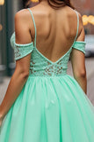 A Line Tulle Mint Green Cold Shoulder Short Graduation Dress
