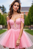 Corset Blush Tulle Cold Shoulder Short Graduation Dress with Appliques