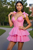 Ruffled Pink Corset Tiered Short Graduation Dress with Bows