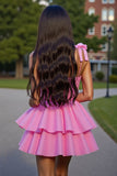 Ruffled Pink Corset Tiered Short Graduation Dress with Bows
