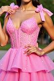 Ruffled Pink Corset Tiered Short Graduation Dress with Bows