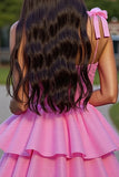 Ruffled Pink Corset Tiered Short Graduation Dress with Bows