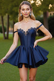 Satin Corset Navy Short Graduation Dress with Appliques