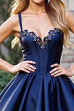 Satin Corset Navy Short Graduation Dress with Appliques