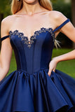 Satin Corset Navy Short Graduation Dress with Appliques