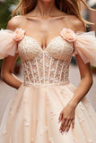 Champagne Corset Floral Short Graduation Dress with Appliques