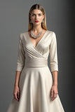 Satin Apricot A Line V Neck Mother Of The Bride Dress