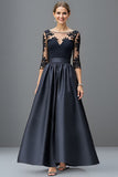 Navy A Line Satin Mother Of The Bride Dress With Appliques