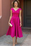 Fuchsia V Neck A Line Midi Mother Of The Bride Dress