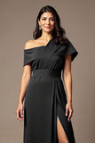 Black A Line Satin Asymmetrical Neck Long Choir Dress with Slit