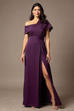 Black A Line Satin Asymmetrical Neck Long Choir Dress with Slit