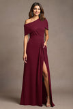 Burgundy A Line Long Mother Of The Bride Dress With Slit