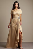 Champagne Off The Shoulder Ruched A Line Mother Of The Bride Dress