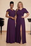 Grape A Line V-Neck Long Choir Dress with Slit
