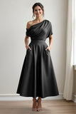 Black One Shoulder Satin A Line Choir Dress with Pockets