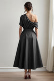 Black One Shoulder Satin A Line Choir Dress with Pockets
