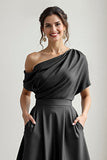 Black One Shoulder Satin A Line Choir Dress with Pockets